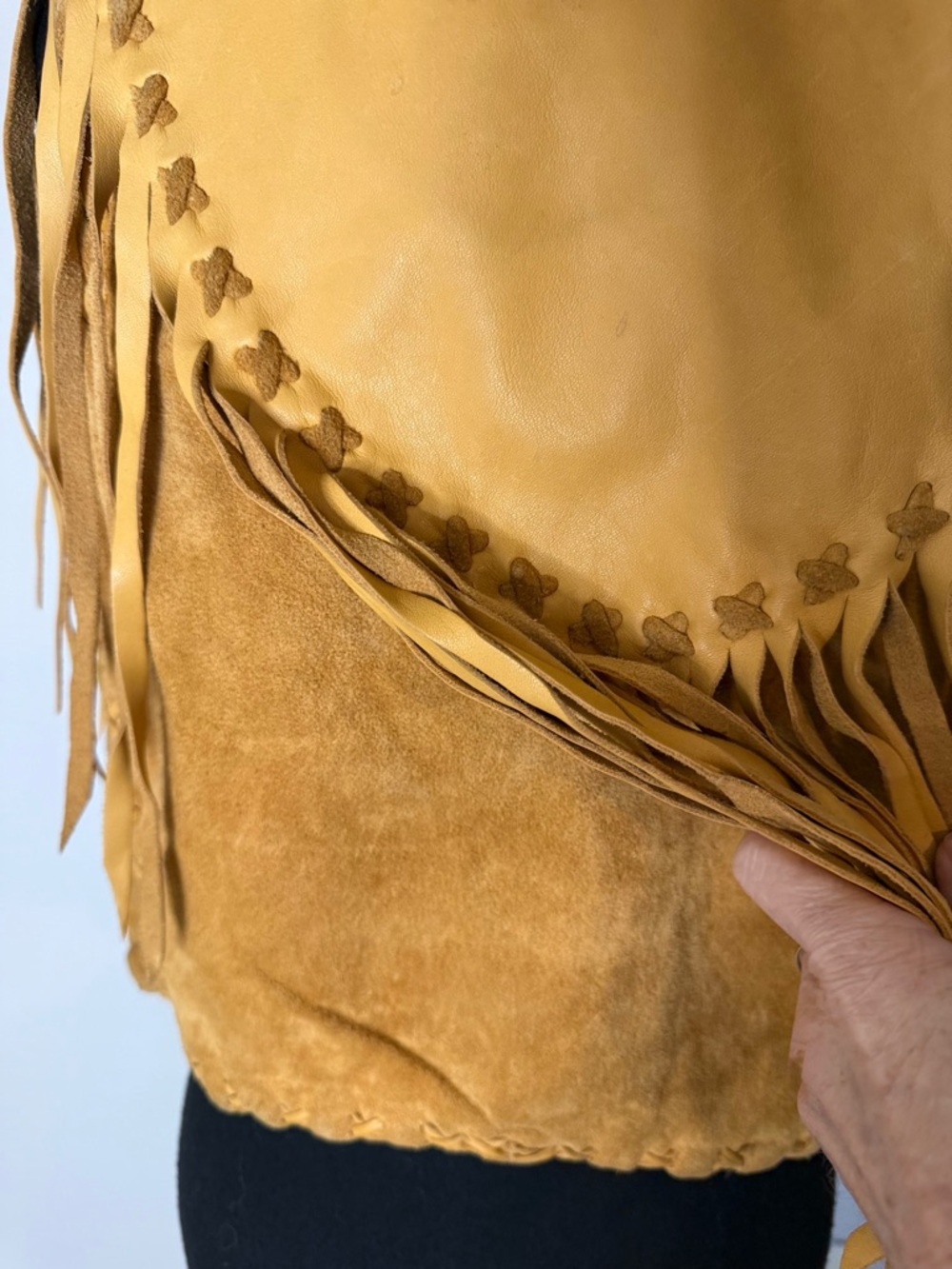 Vintage Yellow Tan Leather Suede Crop Vest Fringe Braided Seams Boho Lined Small - Picture 10 of 16